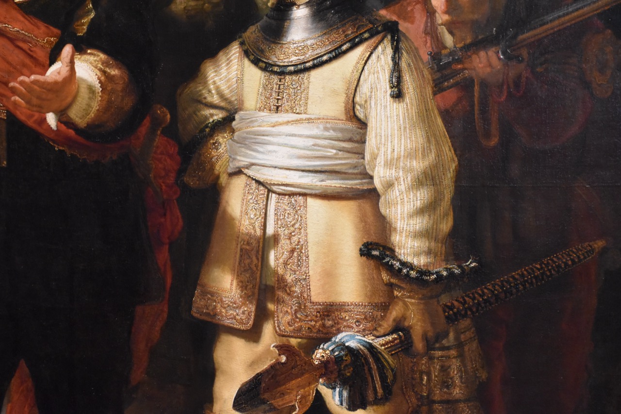 図版: キアロスクーロによって浮かび上がる隊長と副隊長の詳細 - 出典: アムステルダム国立美術館 (Public Domain)